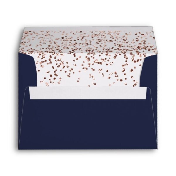 Rose gold confetti navy blue wedding address envelope