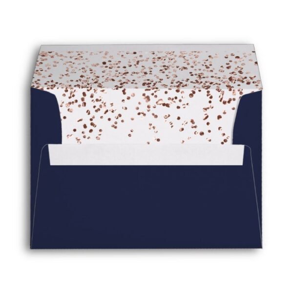 Rose gold confetti navy blue wedding address envelope