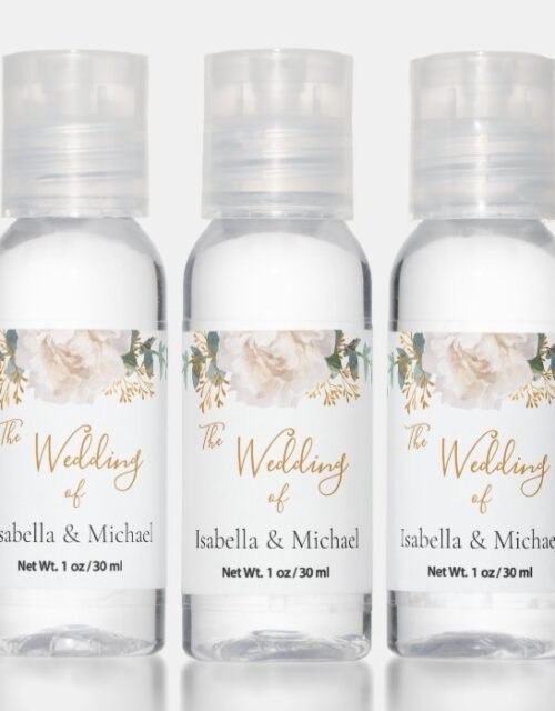 Rose gold eucalyptus greenery white script wedding hand sanitizer