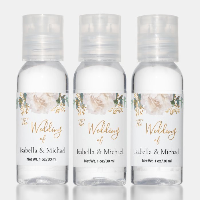 Rose gold eucalyptus greenery white script wedding hand sanitizer