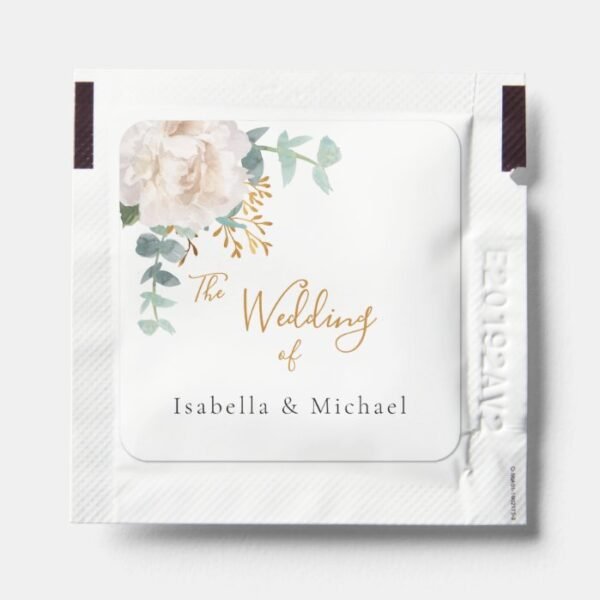Rose gold eucalyptus greenery white script wedding hand sanitizer packet