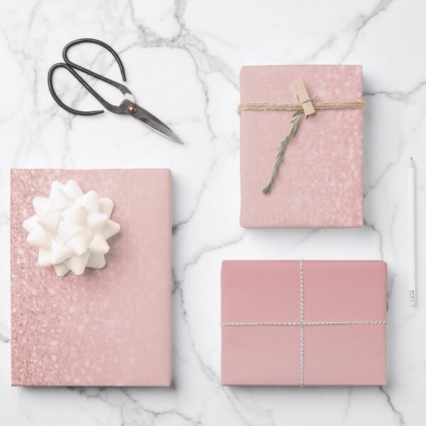 Rose Gold Faux Glitter Blush Ombre Mix Wrapping Paper Sheets