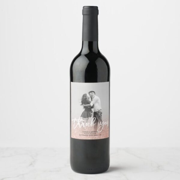 Rose gold faux glitter pink photo thank you wine label