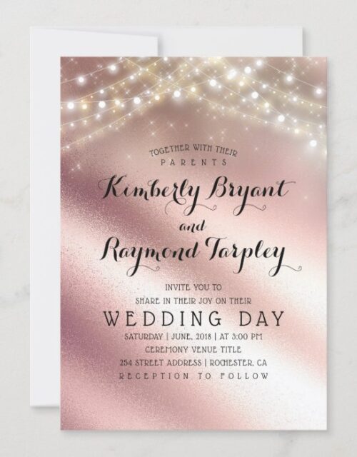 Rose Gold Glitter and Sring Lights Wedding Invitation