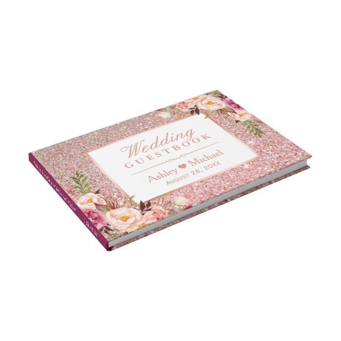 Rose Gold Glitter Blush Pink Floral Wedding Guest Book