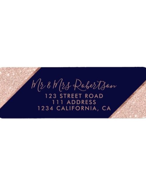 Rose gold glitter ombre script navy blue wedding label