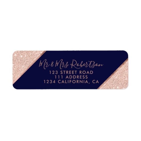 Rose gold glitter ombre script navy blue wedding label