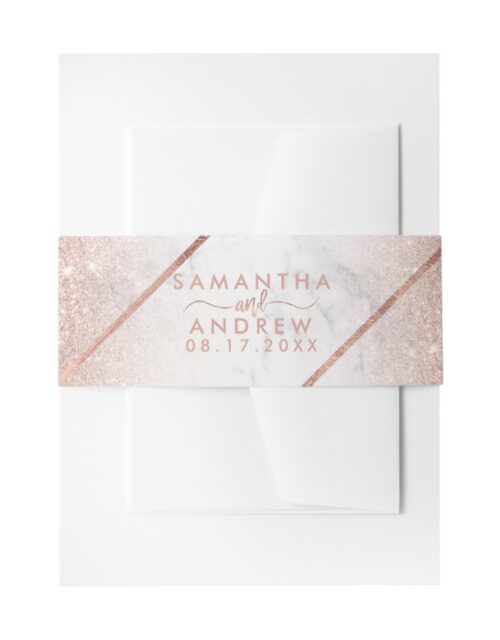 Rose gold glitter script marble ombre wedding invitation belly band