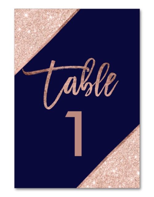 Rose gold glitter script navy blue table number