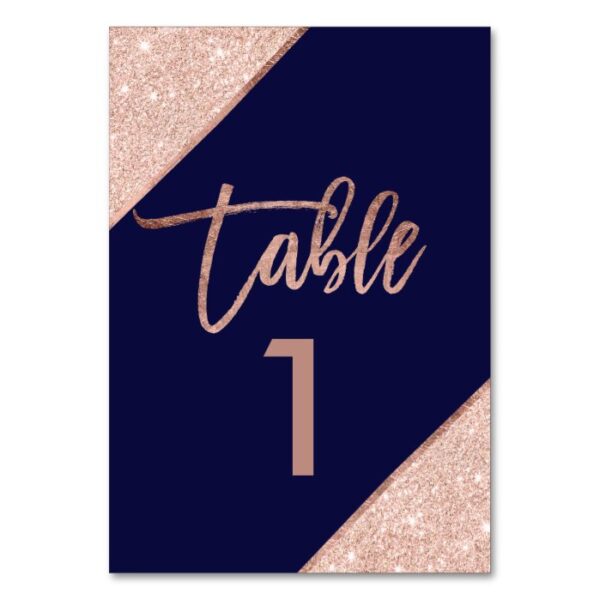Rose gold glitter script navy blue table number