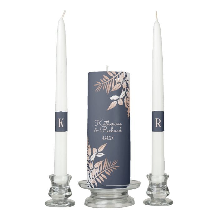 Rose Gold Navy Blue Botanical Wedding Unity Candle Set