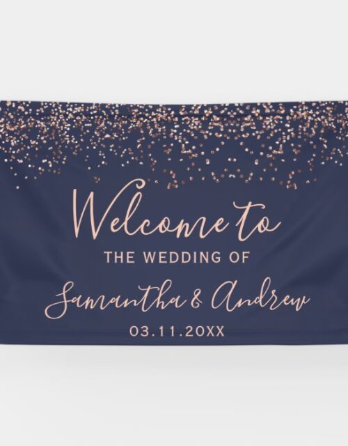 Rose gold navy blue confetti typography wedding banner