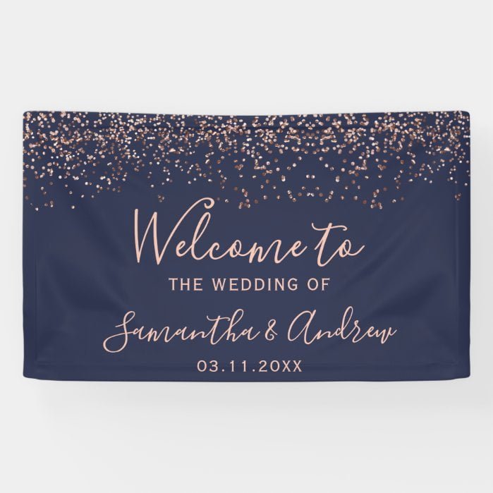 Rose gold navy blue confetti typography wedding banner