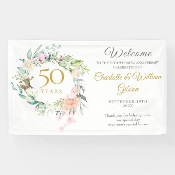 Roses Floral Garland 50th Anniversary Welcome Banner