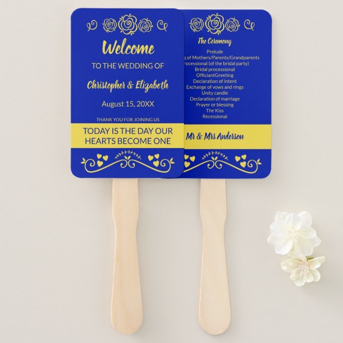 Royal blue and yellow Wedding program Hand Fan