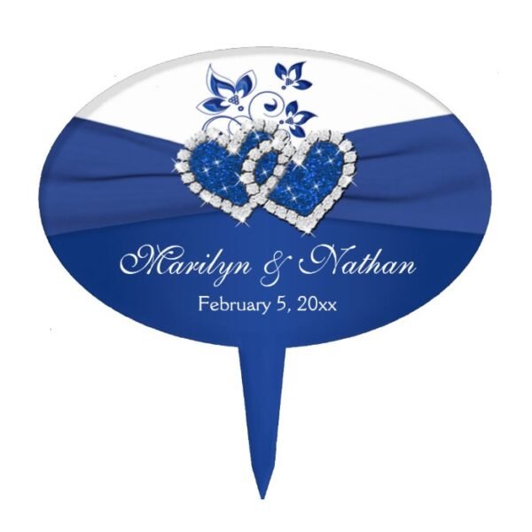 Royal Blue, White Floral Hearts Wedding Cake Pick