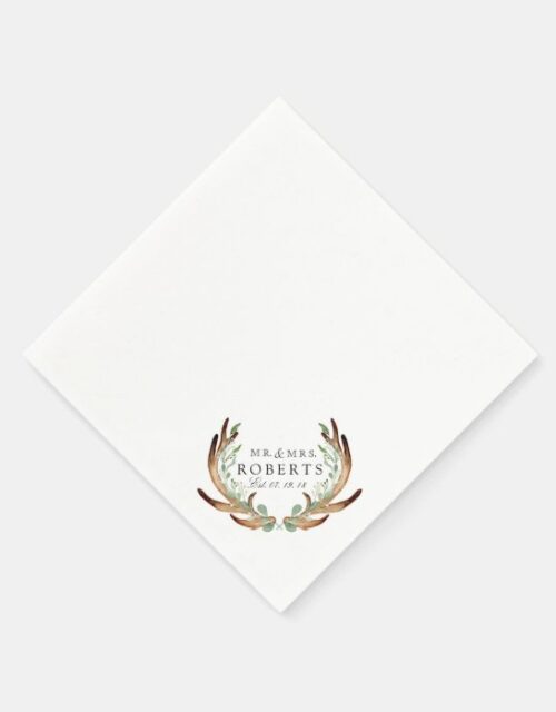 Rustic Antlers & Greenery | Custom Name Wedding Napkins