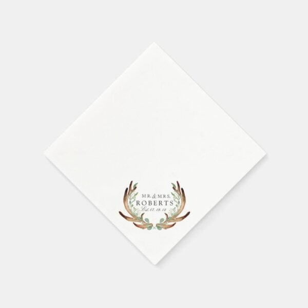 Rustic Antlers & Greenery | Custom Name Wedding Napkins