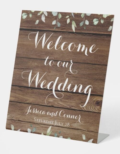 Rustic Barn Board Eucalyptus Greenery Welcome Pedestal Sign