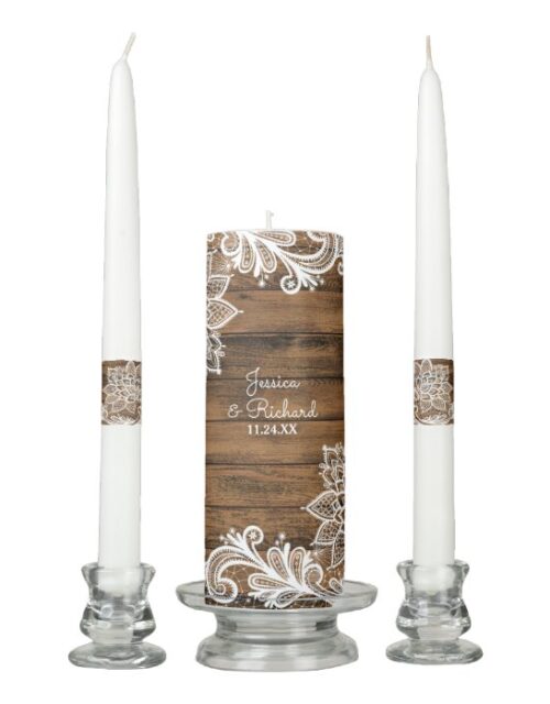 Rustic Barn Wood and Lace Wedding Unity Candle Set