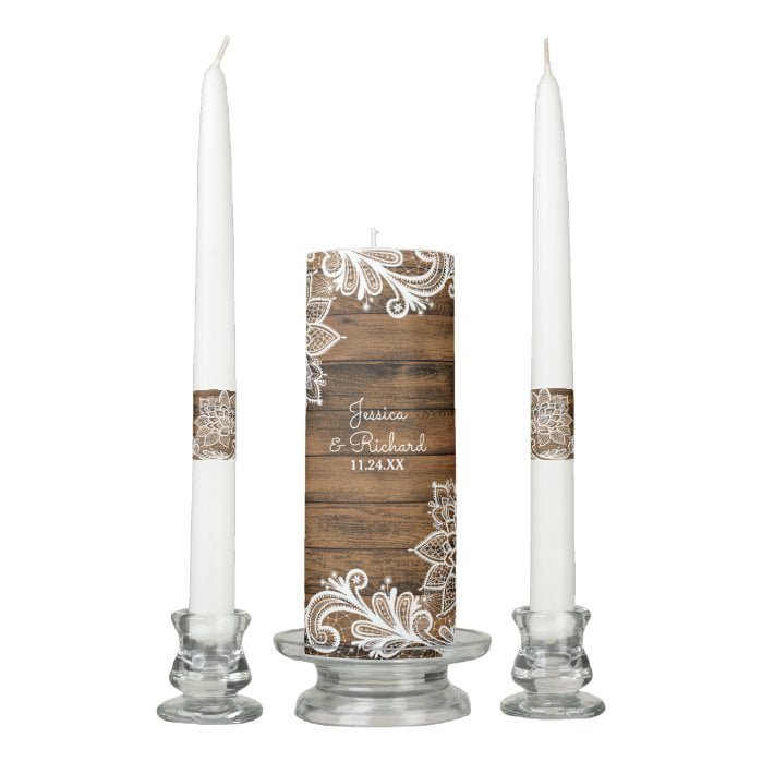 Rustic Barn Wood and Lace Wedding Unity Candle Set