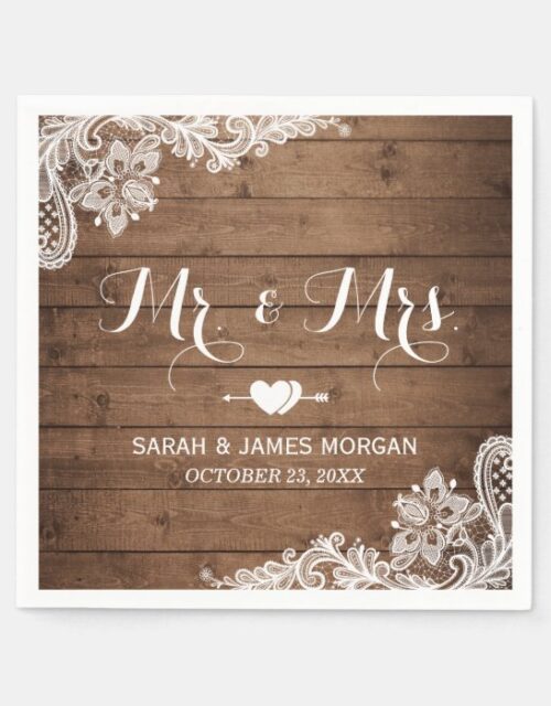 Rustic Barn Wood Lace Mr. and Mrs. Wedding Napkins