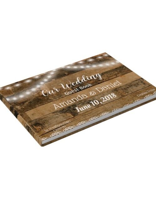 Rustic Barn Wood Lights Lace Wedding Guest Book