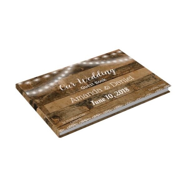 Rustic Barn Wood Lights Lace Wedding Guest Book