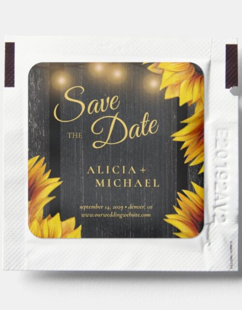 Rustic barn wood sunflower wedding save the date hand sanitizer packet