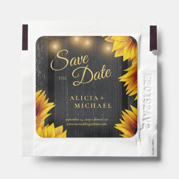 Rustic barn wood sunflower wedding save the date hand sanitizer packet