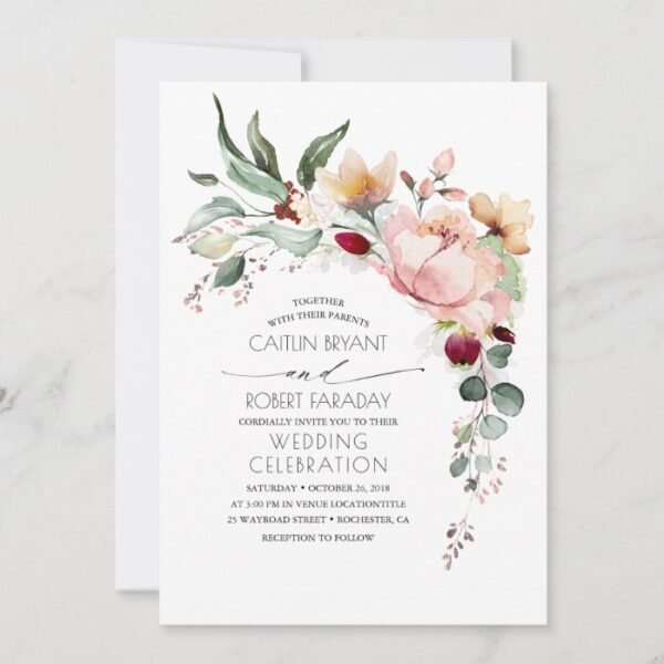 Rustic Bloom and Faux Rose Gold Foil Wedding Invitation