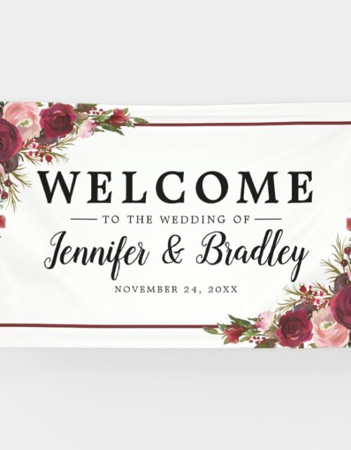 Rustic Blush Burgundy Flowers Wedding Banner