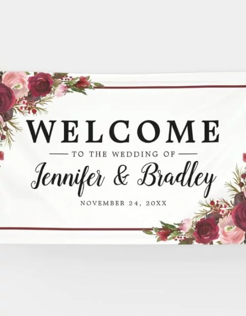 Rustic Blush Burgundy Flowers Wedding Banner