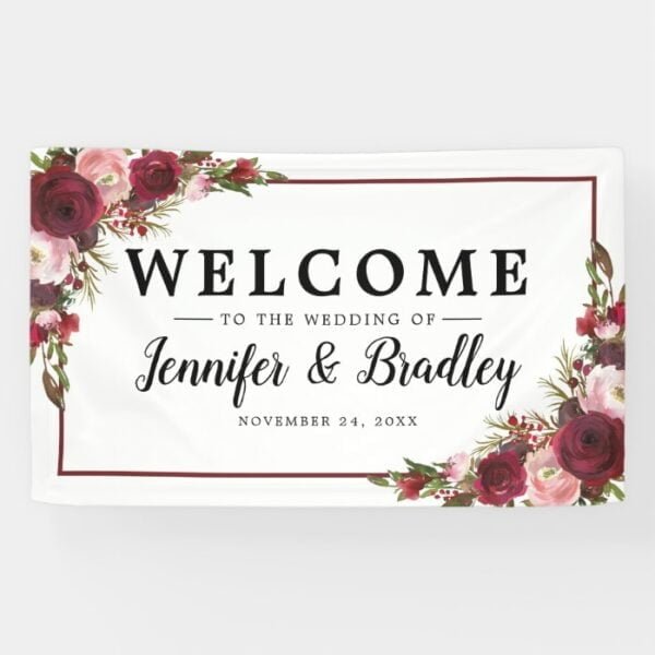 Rustic Blush Burgundy Flowers Wedding Banner