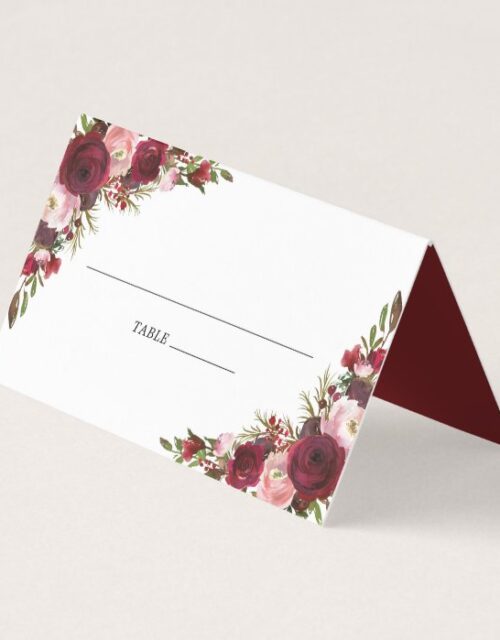 Rustic Blush Burgundy Flowers Wedding Place Card
