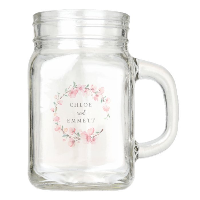 Rustic Blush Pink Cherry Blossom Floral Wreath Mason Jar