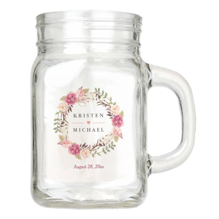 Rustic Boho Feather Floral Wreath Wedding Favor Mason Jar