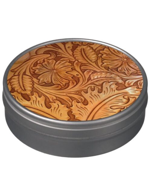 Rustic brown western country tooled leather jelly belly candy tin