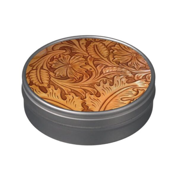 Rustic brown western country tooled leather jelly belly candy tin