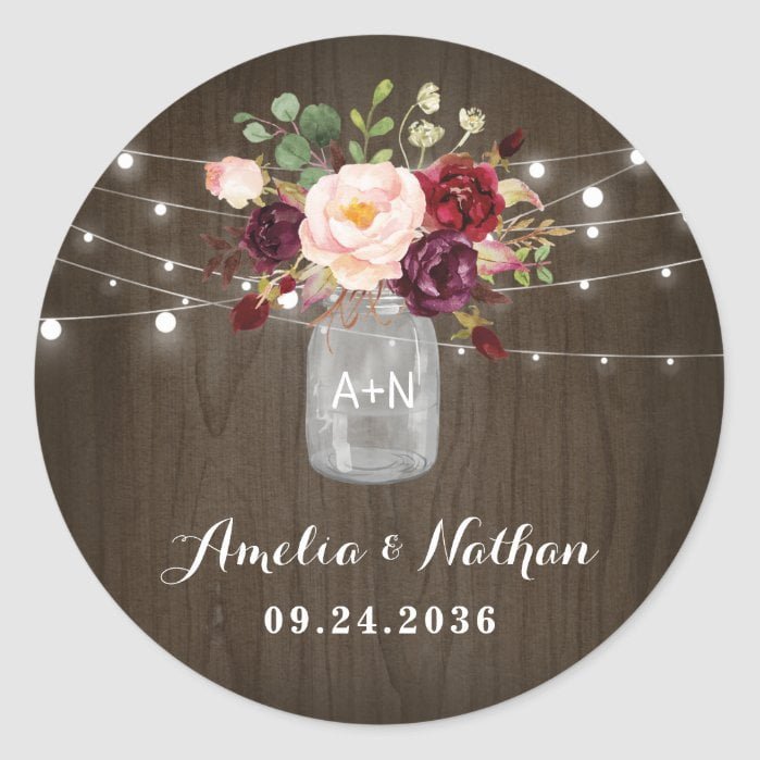Rustic Burgundy Blush Floral Mason Jar Wedding Classic Round Sticker