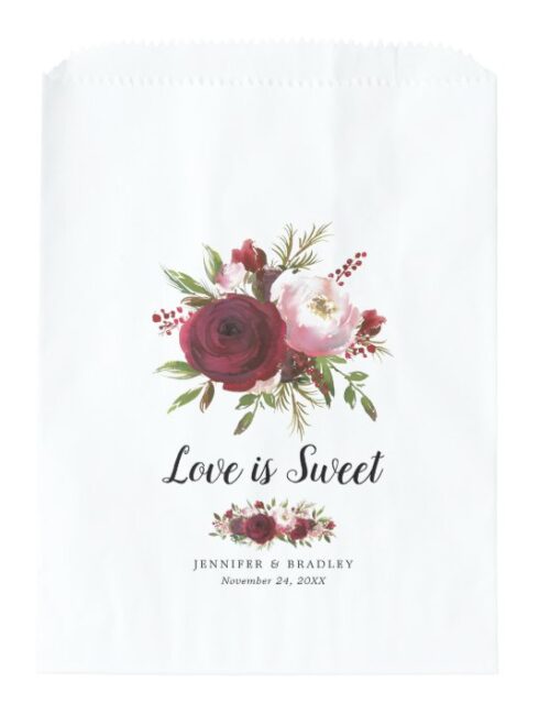 Rustic Burgundy Blush Flowers Wedding Candy Favor Bag