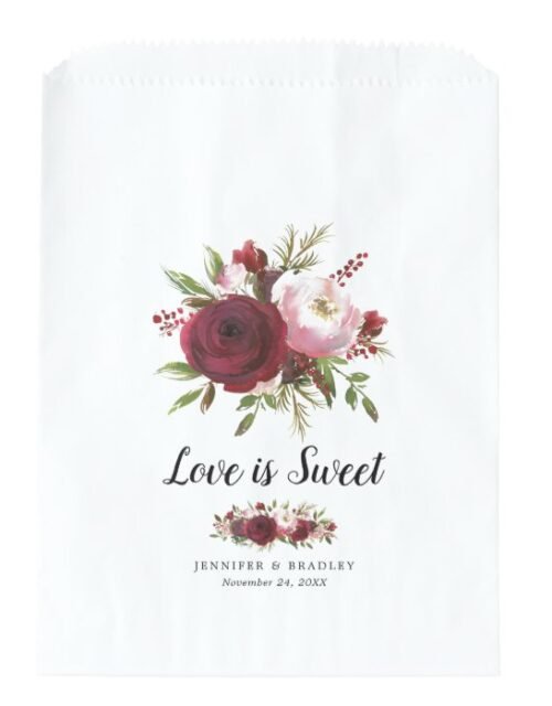 Rustic Burgundy Blush Flowers Wedding Candy Favor Bag