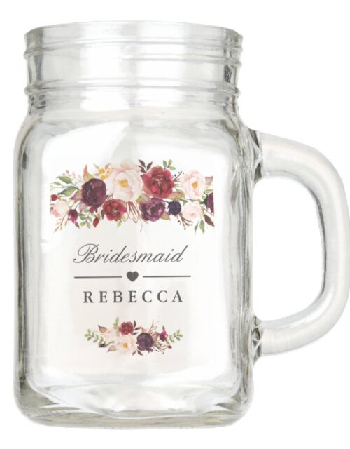 Rustic Burgundy Floral Bridesmaid Wedding Favor Mason Jar