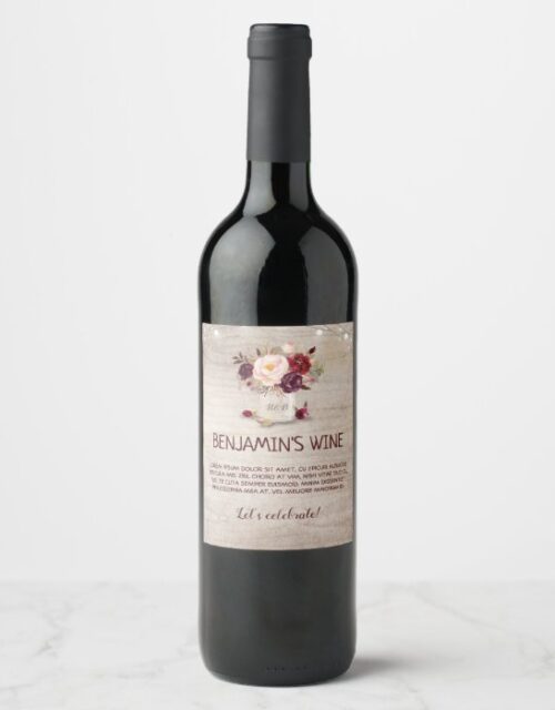 Rustic Burgundy Floral Mason Jar Wine Label