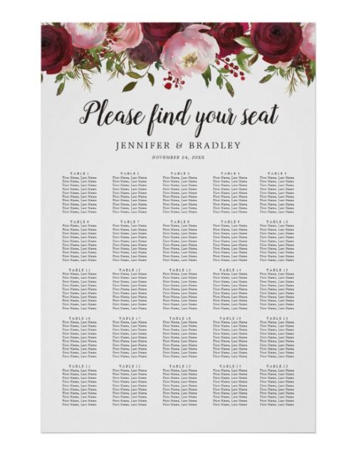Rustic Burgundy Floral Wedding 25 Table Chart
