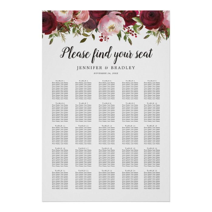 Rustic Burgundy Floral Wedding 25 Table Chart