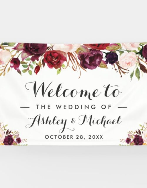 Rustic Burgundy Red Chic Floral Wedding Party Banner