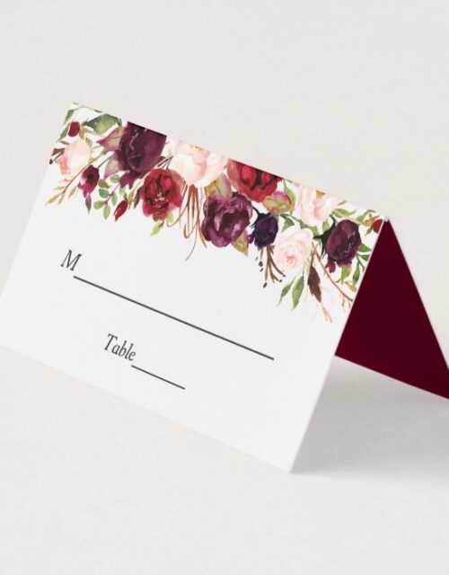 Rustic Burgundy Red Floral Chic Wedding Table Place Card
