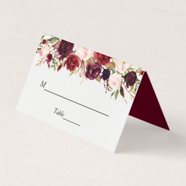 Rustic Burgundy Red Floral Chic Wedding Table Place Card