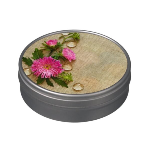 rustic burlap chrysanthemum fuschia pink flower candy tin